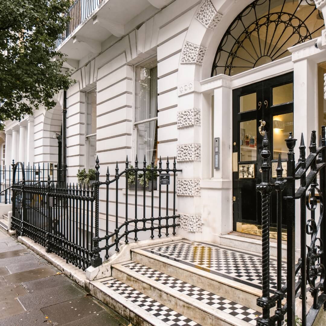 The exterior of the building of the Academy of Advanced Endodontics in London, side angle