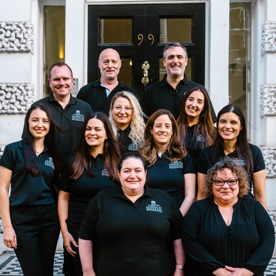 Team image of staff from the Academy of Advanced Endodontics. From left to right- Richard Kahan, David Selouk, Ian Blewitt, Andrea Poganescu, Katherine Fernandes, Natalia Ponici, Stella Sarafi, Irene Soriano, Leigh-Ann Elias, Rachel Whittaker-Percival, Joanne Leatherbarrow